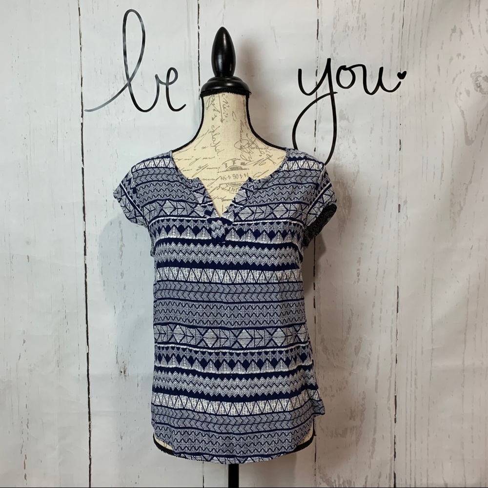 Artisan NY Tribal Blue Print Cap Sleeve Top Medium